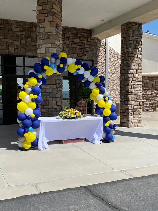 blue and yellow balloon arch outside over a table