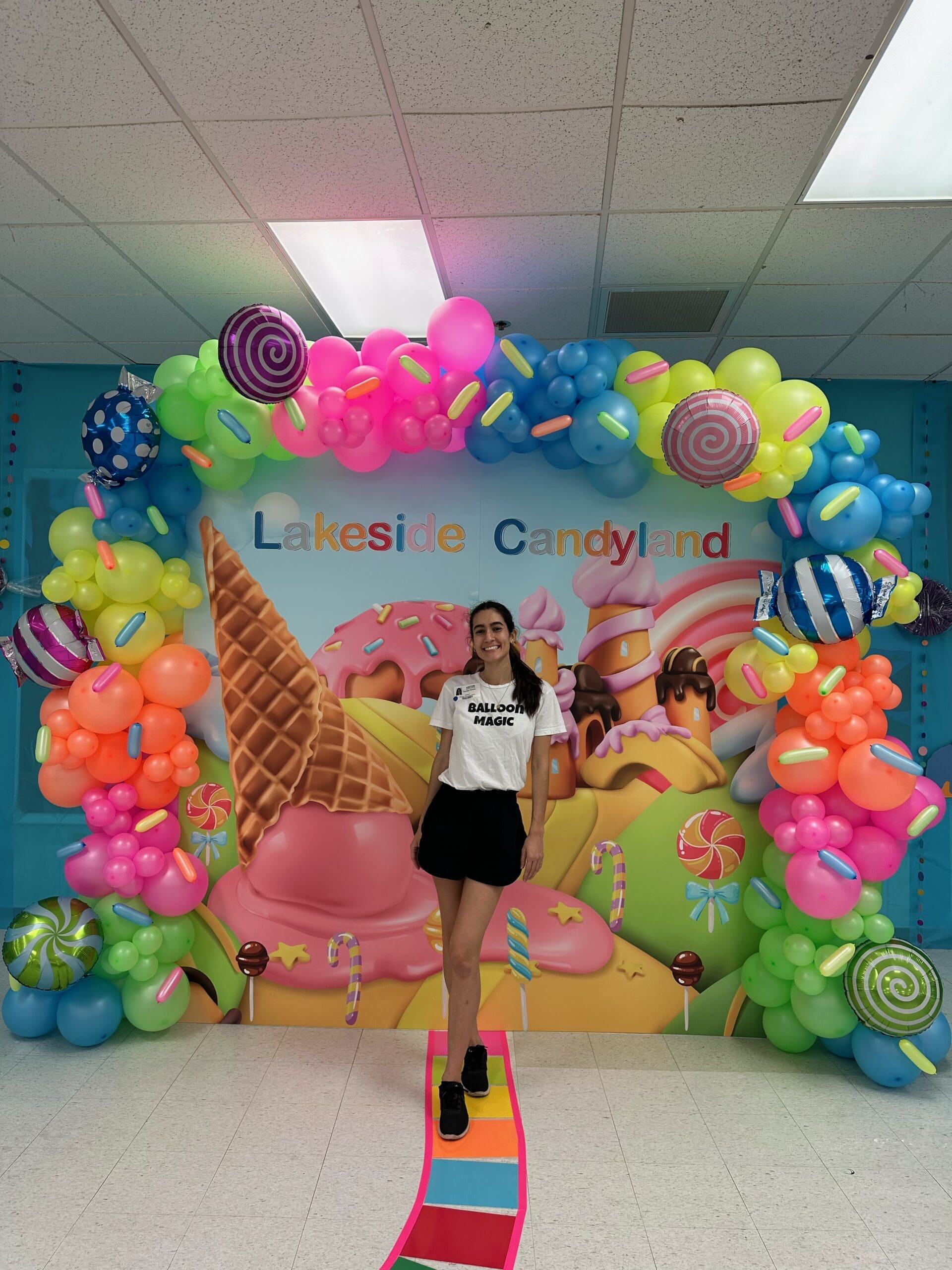 Corporate School Candyland Backdrop and Balloon garland