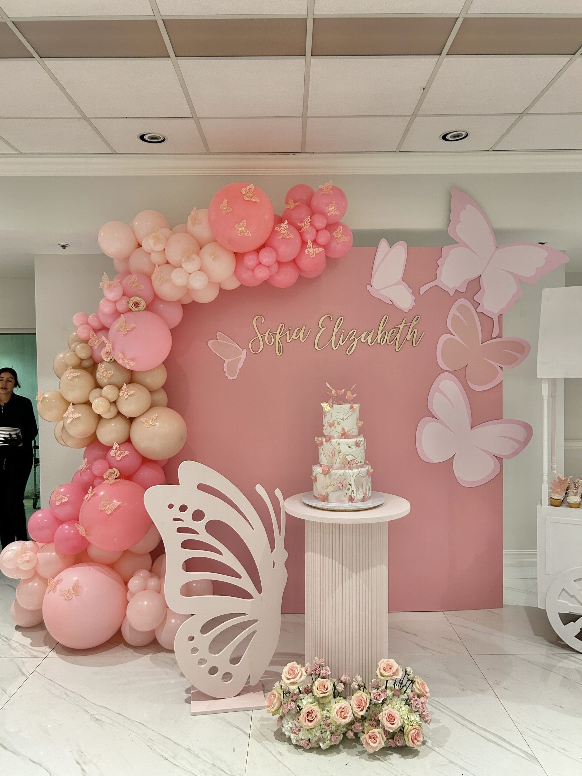 Gallery Backdrop and Balloon Garland Pink Butterfly Baby Shower