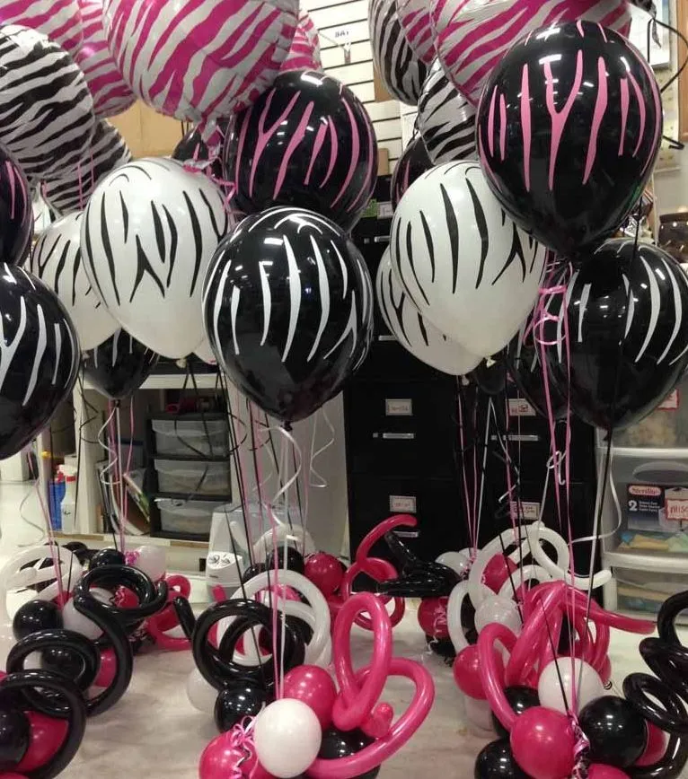 black, white, pink balloon bouquets and centerpieces