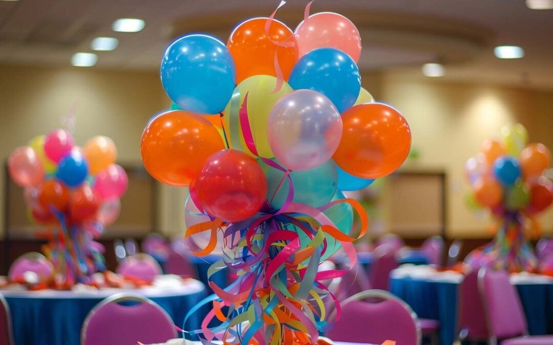 A festive balloon table centerpiece made of balloons and ribbon.