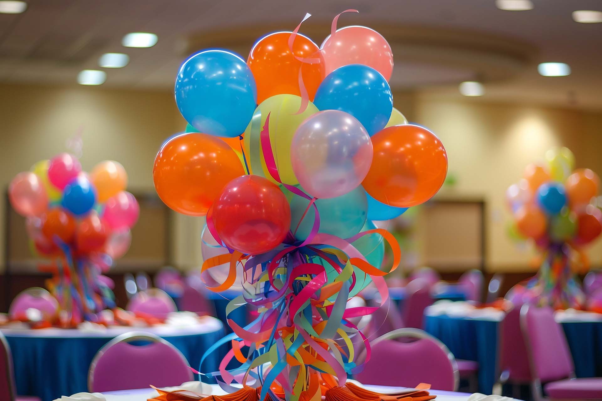 A festive balloon table centerpiece made of balloons and ribbon.