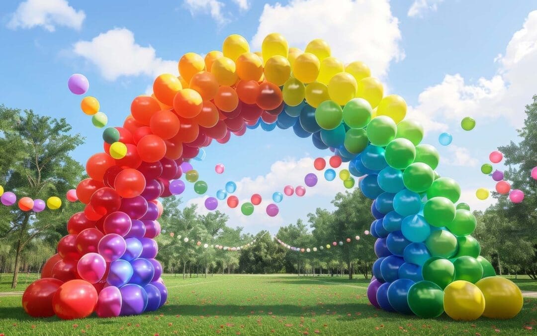 Colorful Balloon Arch Decoration in a Lush Park Setting