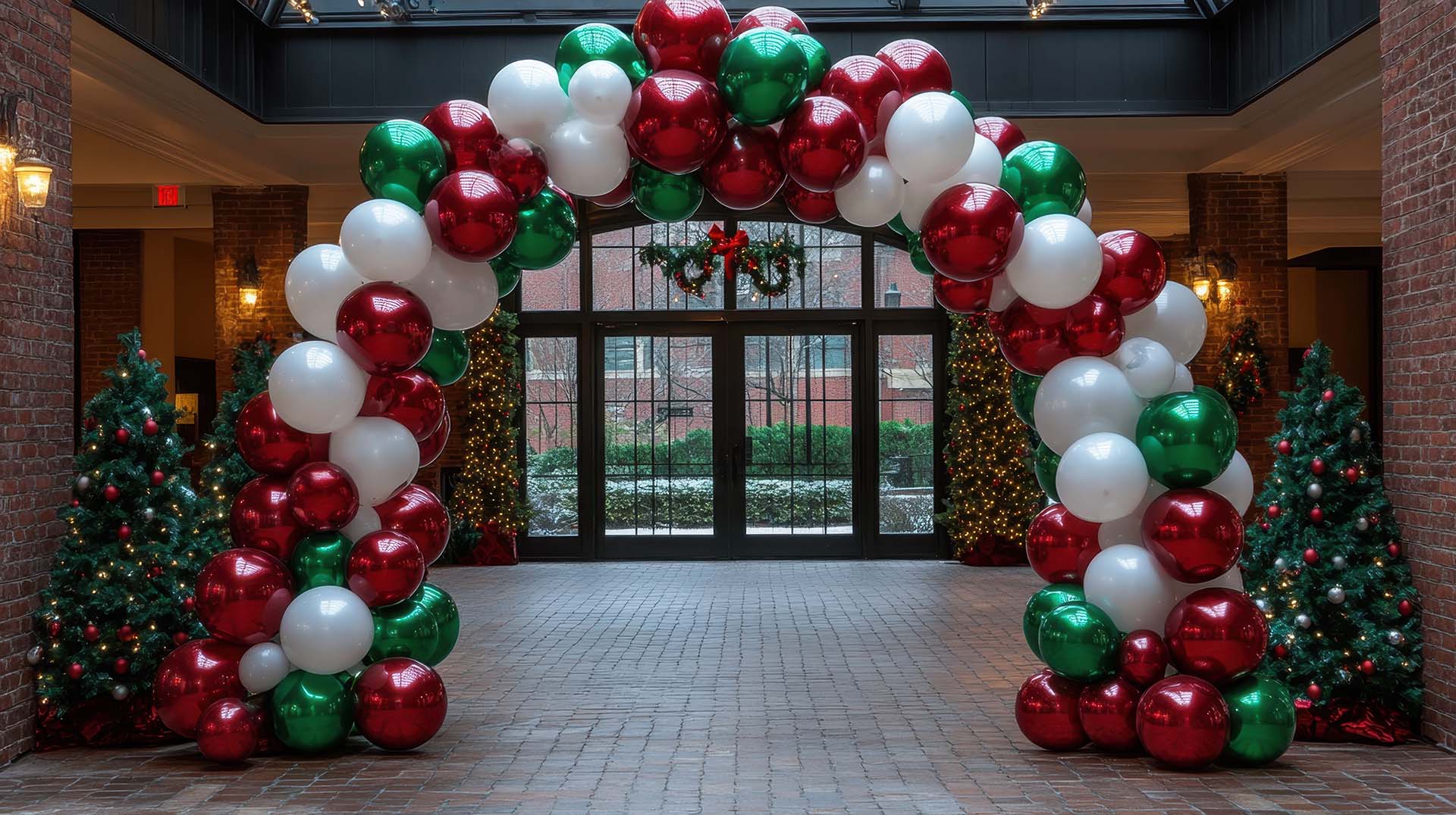 Festive Balloon Arch in Holiday Decorated Venue