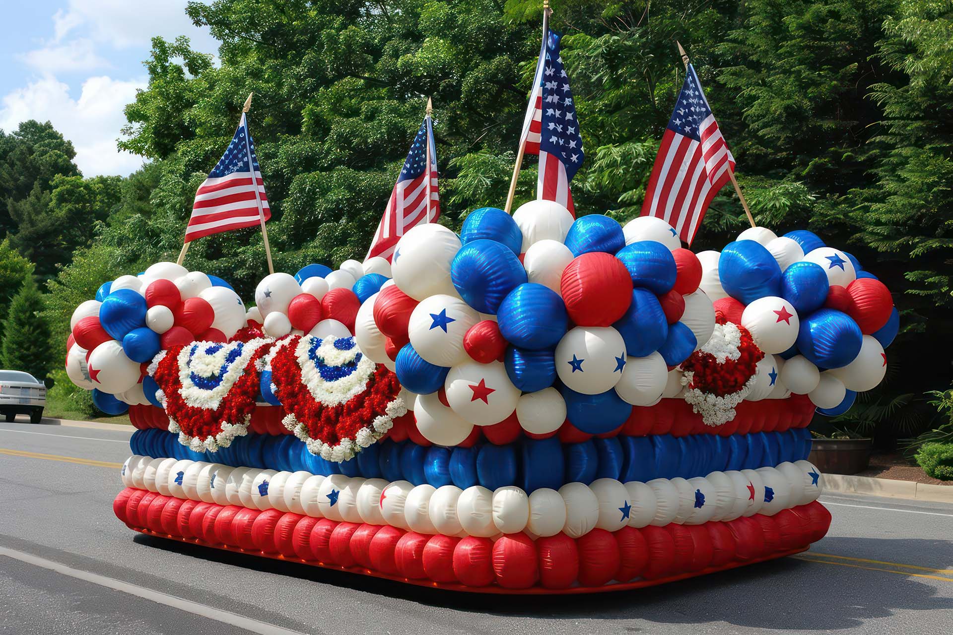 A parade float decorated in red, white, and blue